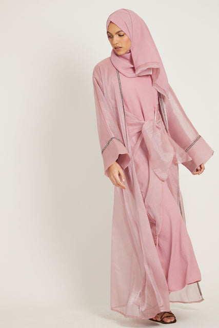 Three Piece Organza Wrap Open Abaya Set - Blush