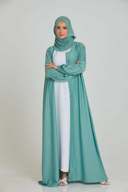 Premium Textured Open Abaya with Pleated Cuffs - Aqua Mint