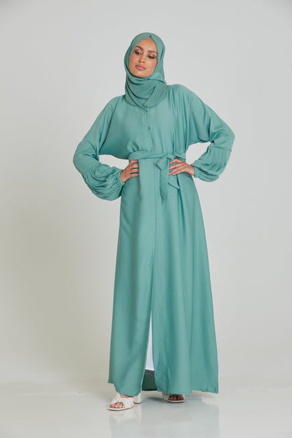 Premium Textured Open Abaya with Pleated Cuffs - Aqua Mint