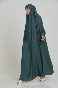 One Piece Full Length Jilbab/Prayer Abaya - Tie Up Cuffs - Bottle Green