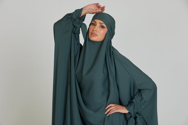 One Piece Full Length Jilbab/Prayer Abaya - Tie Up Cuffs - Bottle Green