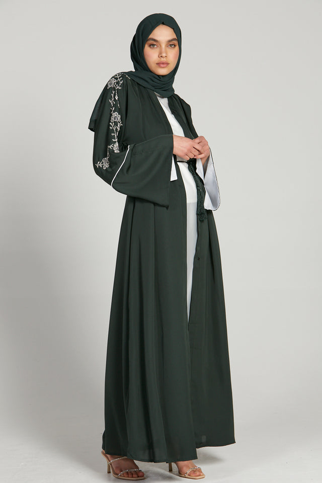 Premium Deep Forest Green Contrast Cuff Open Abaya