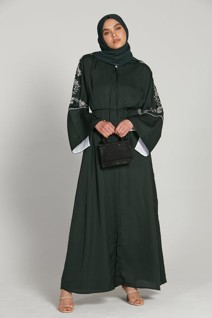Premium Deep Forest Green Contrast Cuff Open Abaya