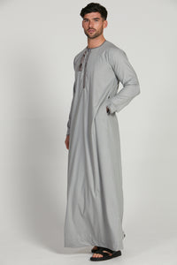 Premium Omani Thobe - Light Grey with Mauve Embroidery
