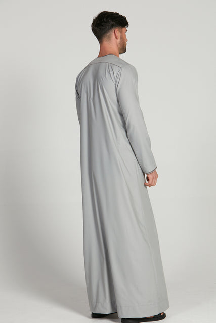 Premium Omani Thobe - Light Grey with Mauve Embroidery
