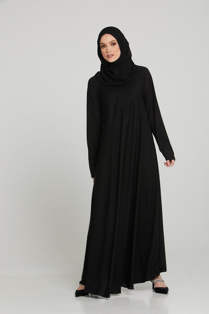Black Umbrella Cut Abaya with Front Zip - Slim Fit
