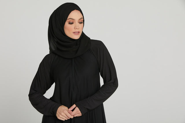 Black Umbrella Cut Abaya with Front Zip - Slim Fit
