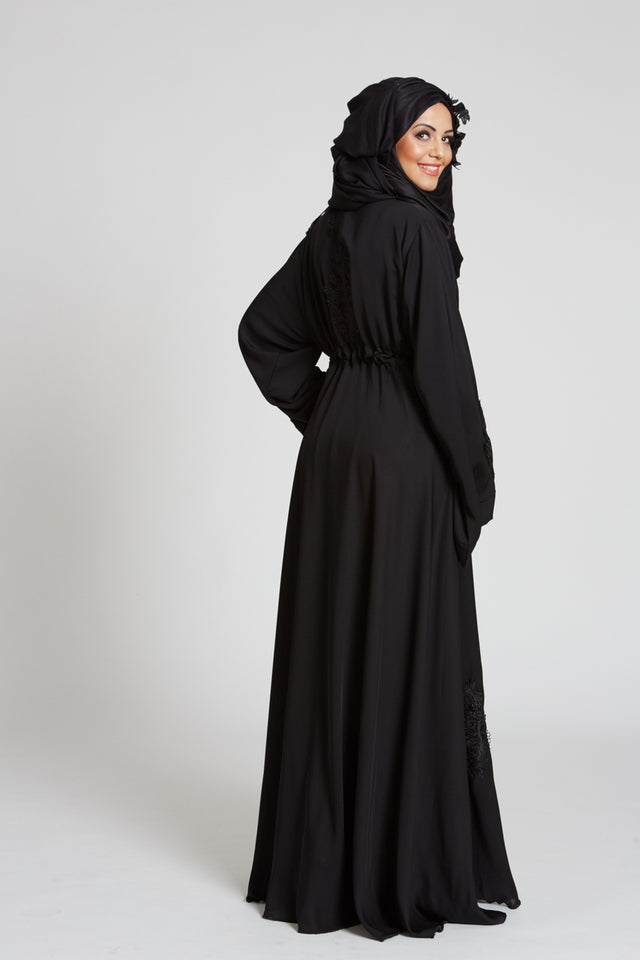 Black Flow Embellished Closed Abaya & Matching Black Hijab