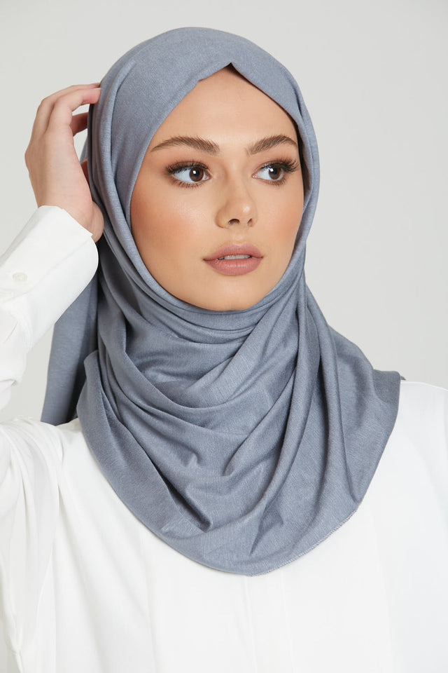 Grey Jersey Hijab: Viscose & Lycra Jersey Hijab In Sky Grey