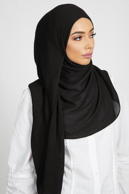 Crinkle Hijab: Plain Black Modal Crinkle Hijab In 100% Rayon